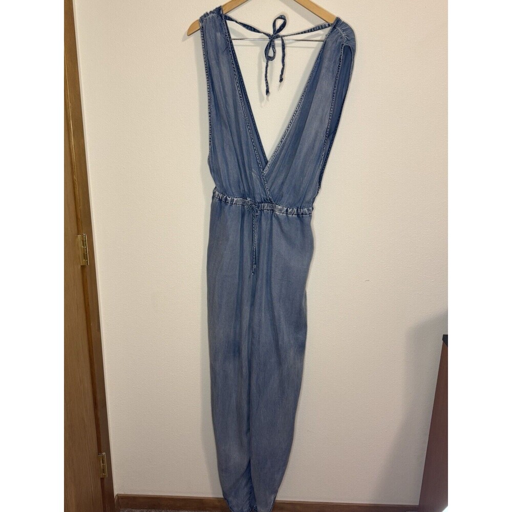 Mazik Jumpsuit Womens M Blue Chambray Sleeveless Wrap Front Tie Neck Boho Beachy
